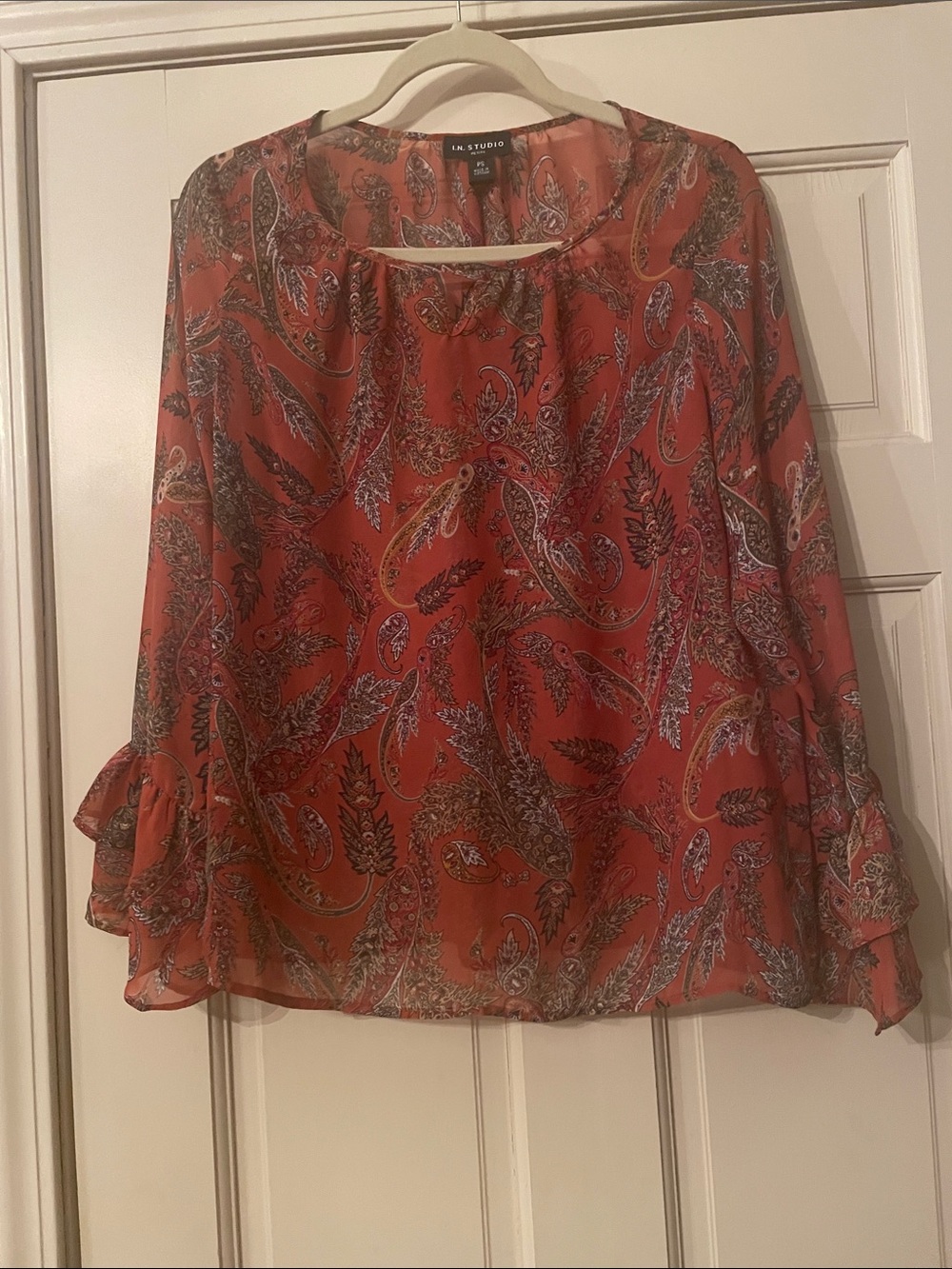 I.N. Studio Orange Paisley Sheer Ruffle-Sleeve Blouse